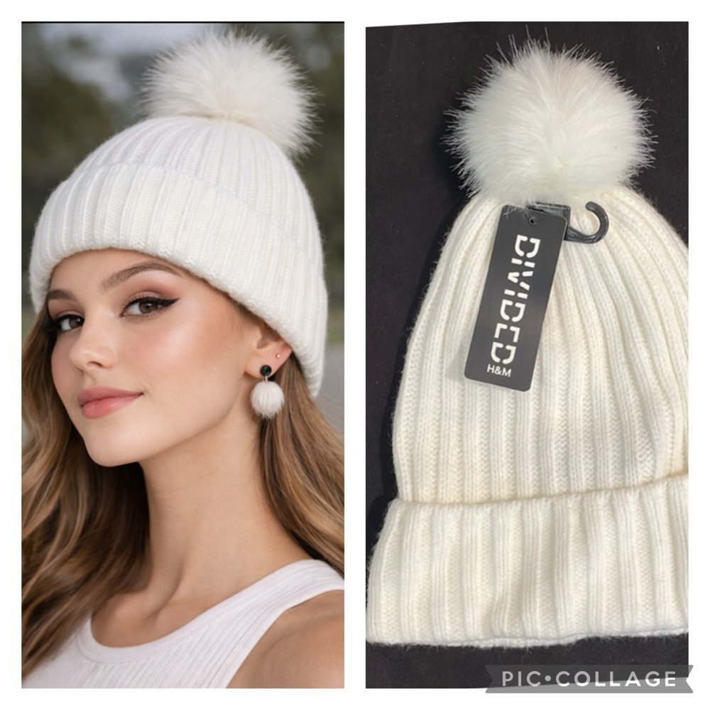 Rib knit beanie with faux fur Pom Pom